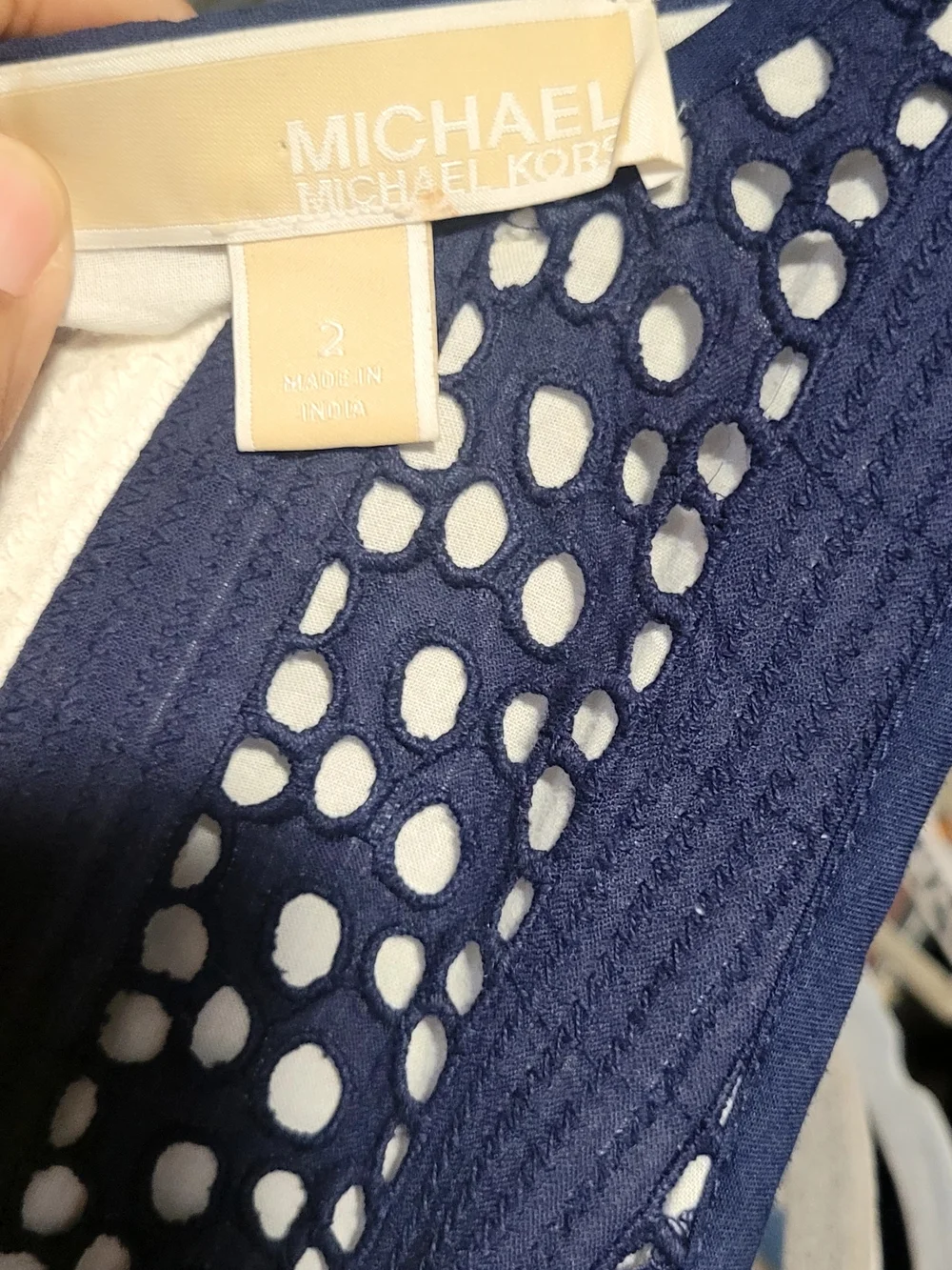 Michael Kors Navy and White Eyelet Stripe Midi Dress